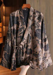 Chinese Style Blue V Neck Print Tie Waist Coats Fall