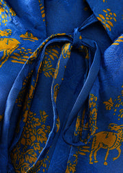 Chinese Style Blue V Neck Print Tie Waist Coats Fall