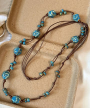 Chinese Style Blue Weave Asymmetrical Ceramics Beading Sweater Lariat Necklace