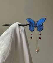 Chinese Style Blue Wooden Butterfly Embroidery Tassel Hairpin