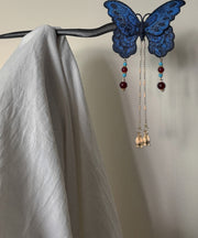 Chinese Style Blue Wooden Butterfly Embroidery Tassel Hairpin