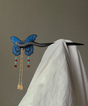 Chinese Style Blue Wooden Butterfly Embroidery Tassel Hairpin