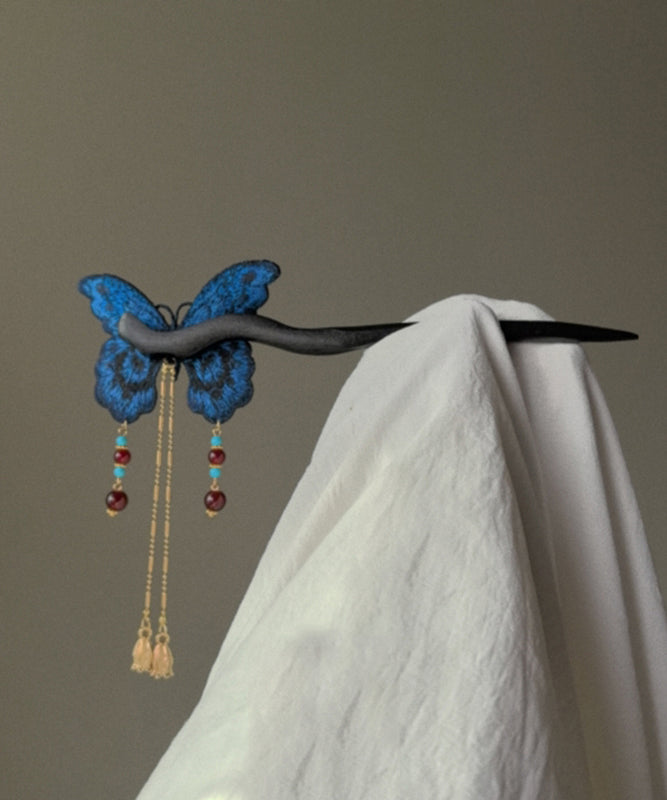 Chinese Style Blue Wooden Butterfly Embroidery Tassel Hairpin