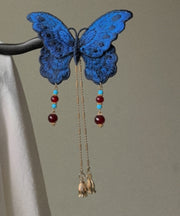 Chinese Style Blue Wooden Butterfly Embroidery Tassel Hairpin