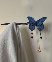 Chinese Style Blue Wooden Butterfly Embroidery Tassel Hairpin
