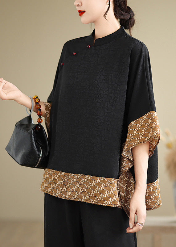 Chinese Style Brown Print Patchwork Silk Shirts Batwing Sleeve