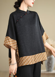 Chinese Style Brown Print Patchwork Silk Shirts Batwing Sleeve