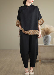 Chinese Style Brown Print Patchwork Silk Shirts Batwing Sleeve