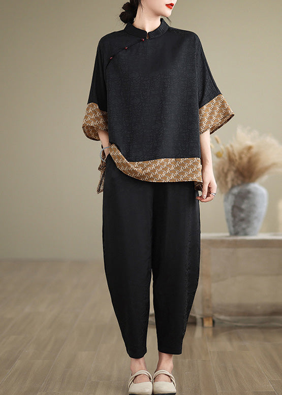 Chinese Style Brown Print Patchwork Silk Shirts Batwing Sleeve