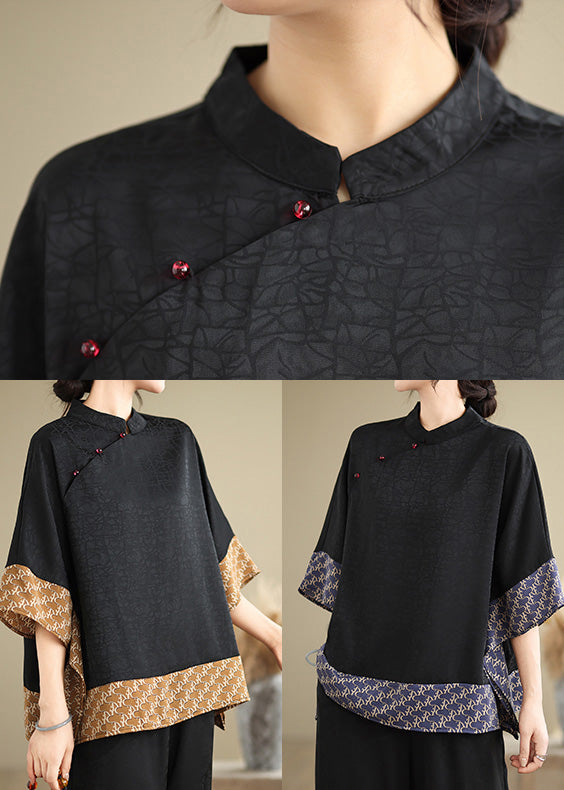 Chinese Style Brown Print Patchwork Silk Shirts Batwing Sleeve