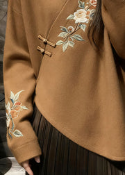 Chinese Style Brown V Neck Floral Knit Sweater Fall