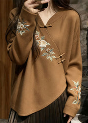 Chinese Style Brown V Neck Floral Knit Sweater Fall