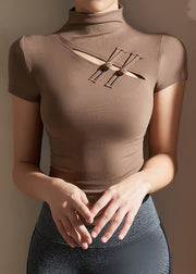 Chinese Style Coffee High Neck Modal Cotton Yoga Tops Short Sleeve