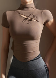 Chinese Style Coffee High Neck Modal Cotton Yoga Tops Short Sleeve