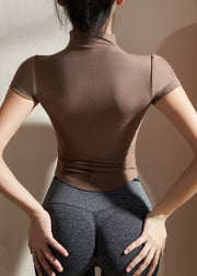 Chinese Style Coffee High Neck Modal Cotton Yoga Tops Short Sleeve