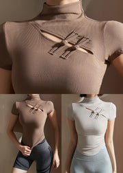Chinese Style Coffee High Neck Modal Cotton Yoga Tops Short Sleeve