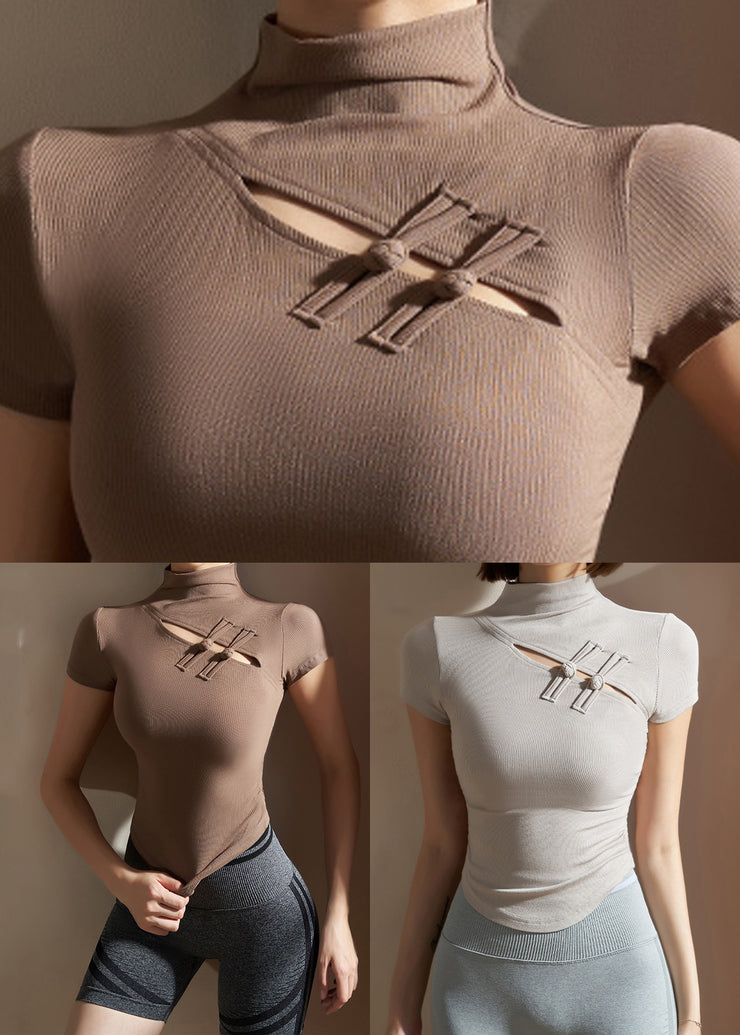 Chinese Style Coffee High Neck Modal Cotton Yoga Tops Short Sleeve