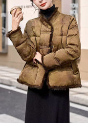 Chinese Style Coffee Jacquard Mink Fur Patchwork Oriental Button Duck Down Jacket Winter