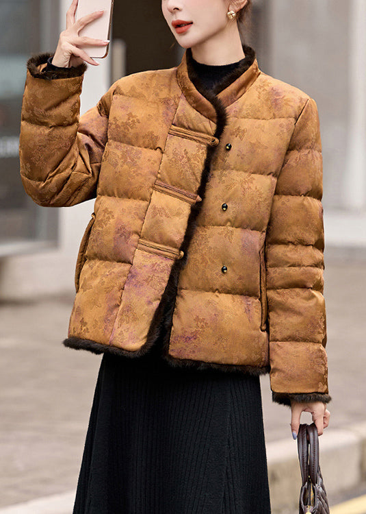 Chinese Style Coffee Jacquard Mink Fur Patchwork Oriental Button Duck Down Jacket Winter