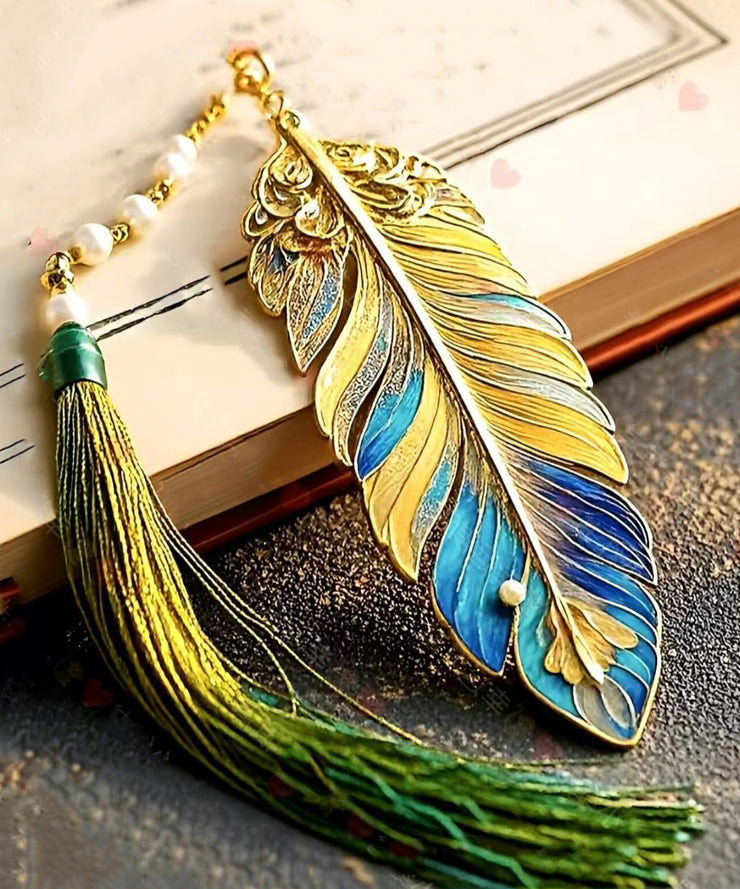 Chinese Style Colorblock Sterling Silver Overgild Feather Enamel Tassel Bookmark