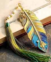 Chinese Style Colorblock Sterling Silver Overgild Feather Enamel Tassel Bookmark
