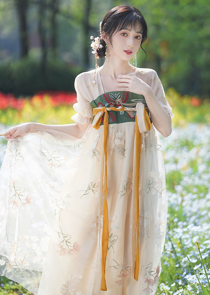Chinese Style Embroideried Lace Up Patchwork Chiffon Long Dresses Summer