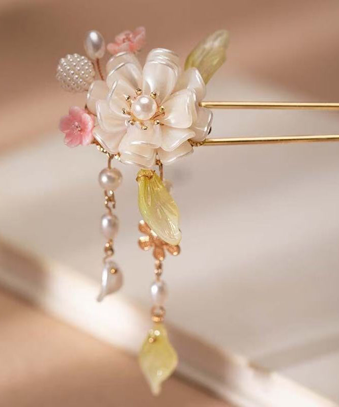 Chinese Style Gold Alloy Pearl Colored Glaze Tassel Hairpin