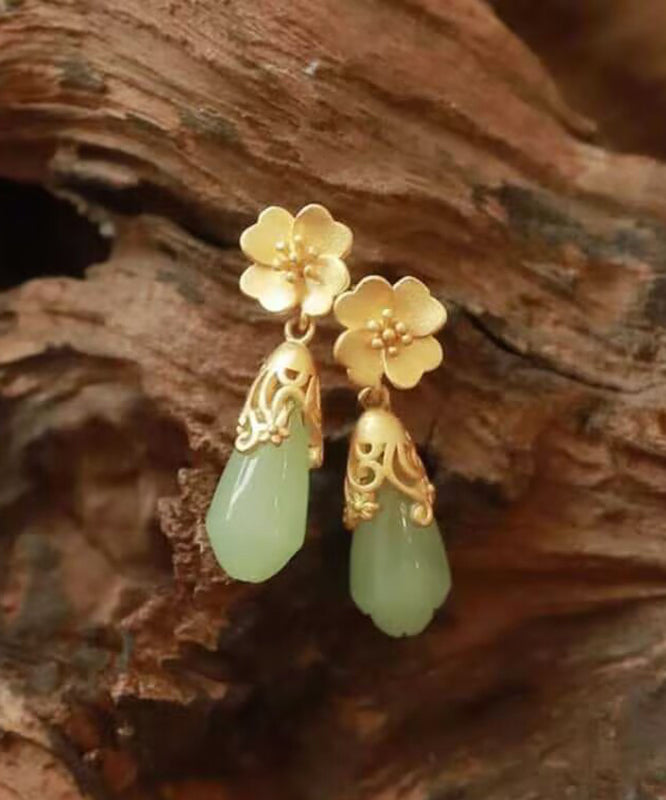 Chinese Style Gold Copper Alloy Jade Floral Water Droplet Drop Earrings