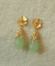 Chinese Style Gold Copper Alloy Jade Floral Water Droplet Drop Earrings