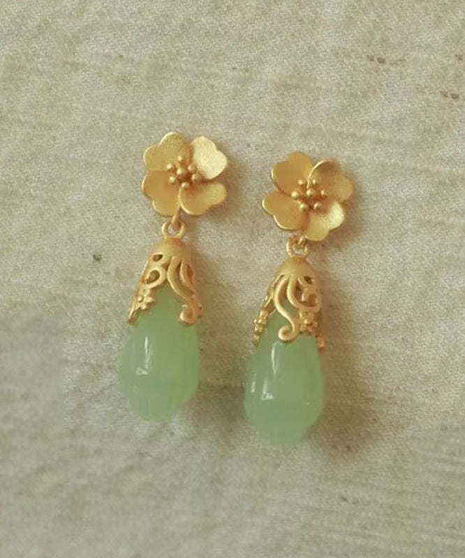Chinese Style Gold Copper Alloy Jade Floral Water Droplet Drop Earrings