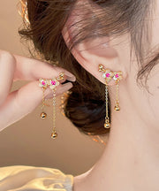 Chinese Style Gold Copper Alloy Peach Blossom Tassel Drop Earrings