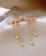 Chinese Style Gold Copper Alloy Peach Blossom Tassel Drop Earrings