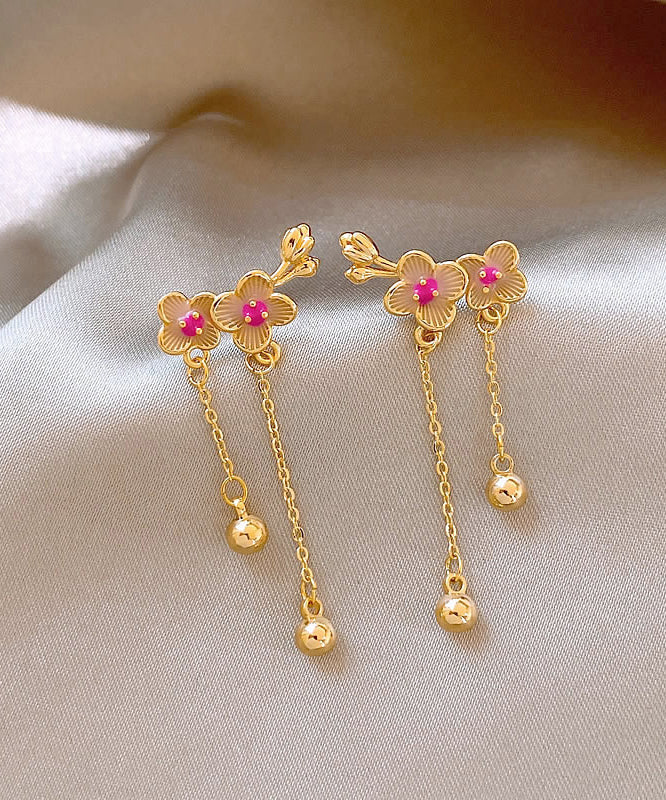 Chinese Style Gold Copper Alloy Peach Blossom Tassel Drop Earrings