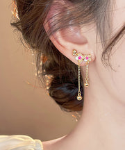 Chinese Style Gold Copper Alloy Peach Blossom Tassel Drop Earrings