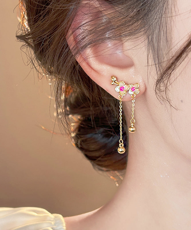 Chinese Style Gold Copper Alloy Peach Blossom Tassel Drop Earrings