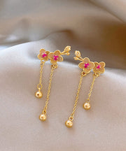 Chinese Style Gold Copper Alloy Peach Blossom Tassel Drop Earrings