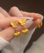 Chinese Style Gold Copper Overgild Butterfly Love Drop Earrings