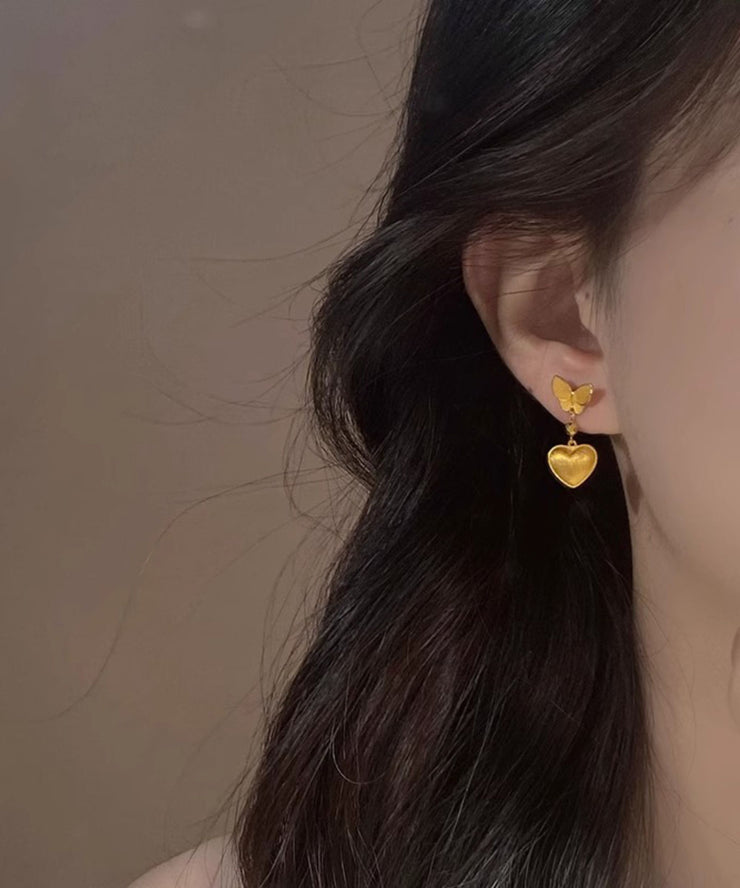 Chinese Style Gold Copper Overgild Butterfly Love Drop Earrings