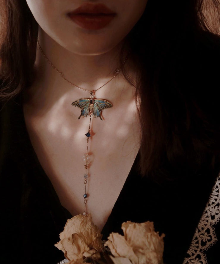 Chinese Style Gold Copper Overgild Zircon Glass Bead Wing Pendant Necklace