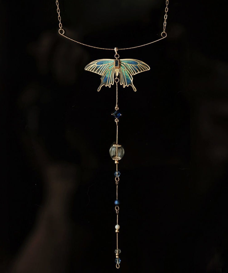 Chinese Style Gold Copper Overgild Zircon Glass Bead Wing Pendant Necklace