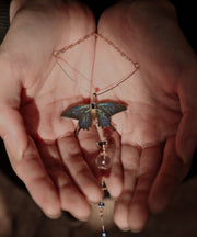 Chinese Style Gold Copper Overgild Zircon Glass Bead Wing Pendant Necklace