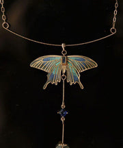 Chinese Style Gold Copper Overgild Zircon Glass Bead Wing Pendant Necklace