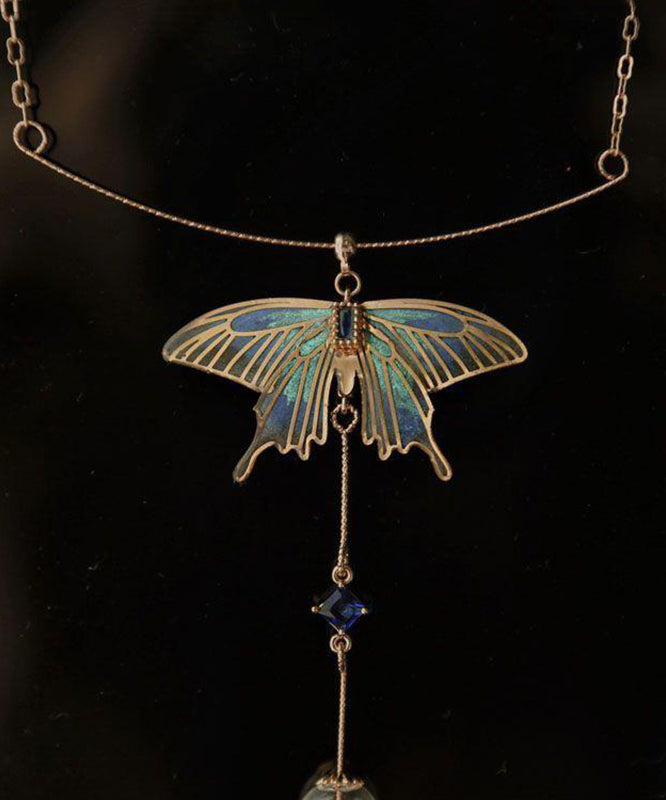 Chinese Style Gold Copper Overgild Zircon Glass Bead Wing Pendant Necklace