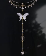 Chinese Style Gold Copper Overgild Zircon Glass Bead Wing Pendant Necklace