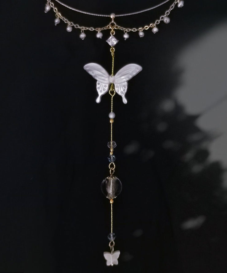 Chinese Style Gold Copper Overgild Zircon Glass Bead Wing Pendant Necklace