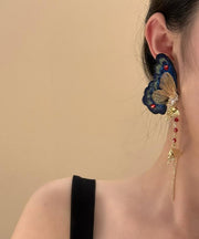 Chinese Style Gold Copper Zircon Butterfly Tassel Drop Earrings