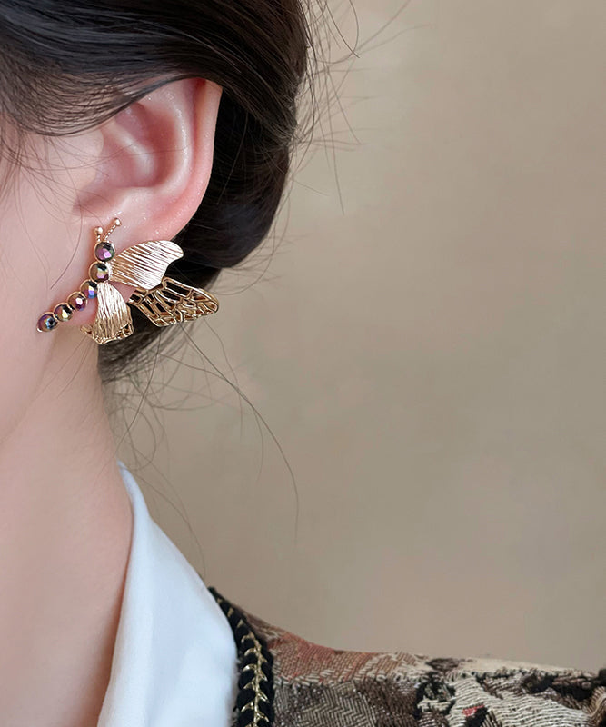 Chinese Style Gold Copper Zircon Hollow Out Butterfly Stud Earrings