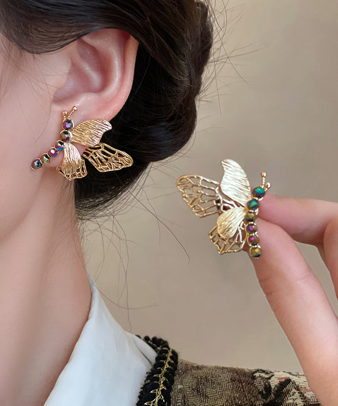 Chinese Style Gold Copper Zircon Hollow Out Butterfly Stud Earrings