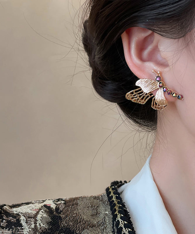 Chinese Style Gold Copper Zircon Hollow Out Butterfly Stud Earrings