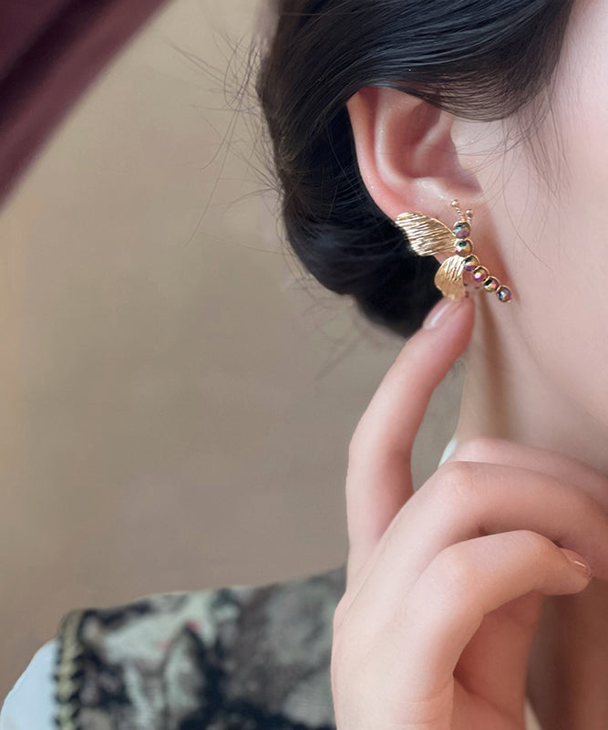 Chinese Style Gold Copper Zircon Hollow Out Butterfly Stud Earrings